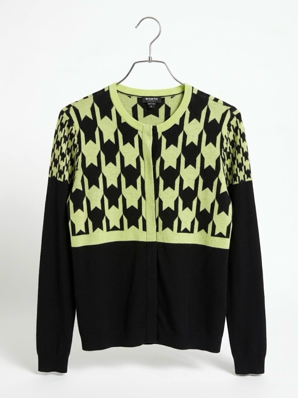 WORTH 100% Wool Black Lime Green Geometric Button Front Cardigan Sweater - Small